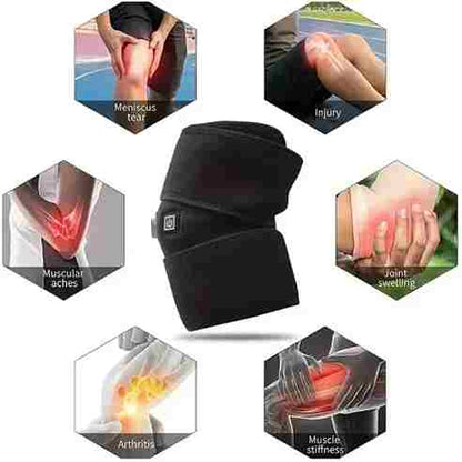 Black knee brace with hexagonal icons showing various joint issues it can help with.