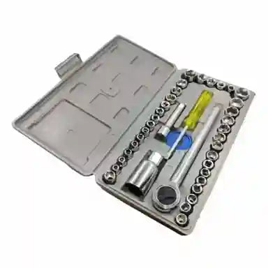 Open tool kit with various tools on a white background