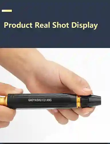 Hand holding a black pen with gold accents, brand 'GAOYASHUI QIANG' visible, on a white background.