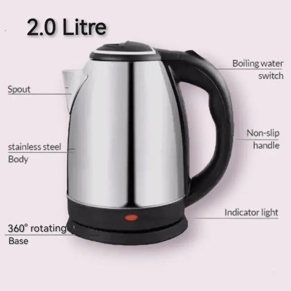 Stainless steel electric kettle with labeled features on a white background