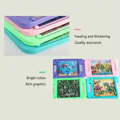 Colorful educational toys with text highlighting features on a light gray background