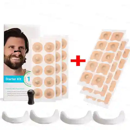 Nose pore cleansing strip starter kit with packaging and strips on a white background