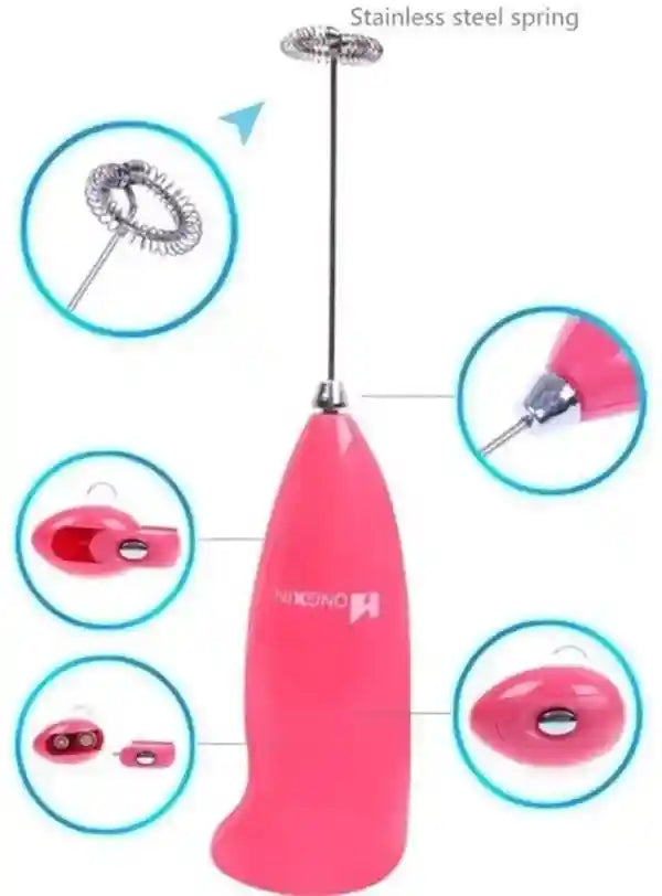 Pink handheld milk frother with stainless steel spring and various components highlighted on a white background.
