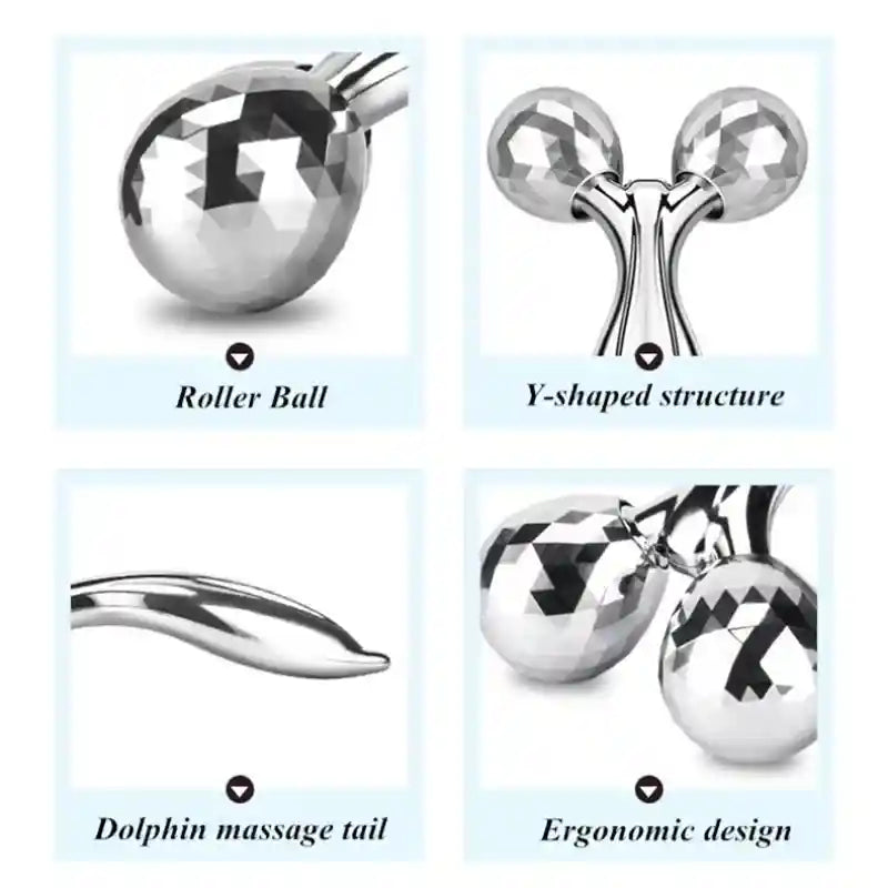 Product features including roller ball, Y-shaped structure, dolphin massage tail, and ergonomic design on a light blue background.