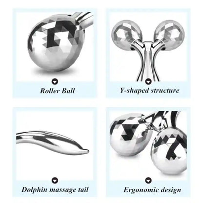 Product features including roller ball, Y-shaped structure, dolphin massage tail, and ergonomic design on a light blue background.