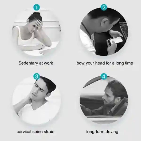 Diagram showing common causes of cervical spine strain including sedentary work, poor posture, and long-term driving.