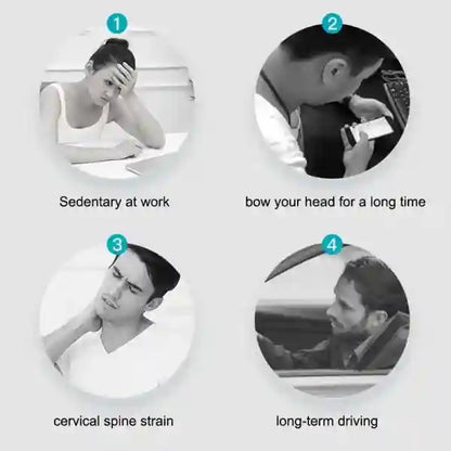 Diagram showing common causes of cervical spine strain including sedentary work, poor posture, and long-term driving.