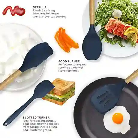 Silicone spatulas with different uses shown on a white background