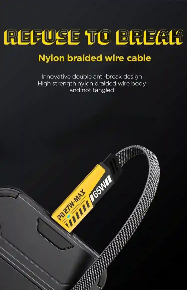 Nylon braided wire cable with a black background and text highlighting features.
