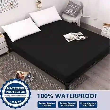 Black mattress protector on a bed with text highlighting features