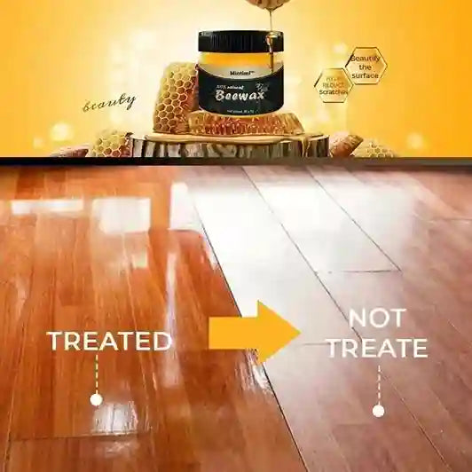 Comparison of a treated and untreated wooden floor with a jar of beeswax on a yellow background.