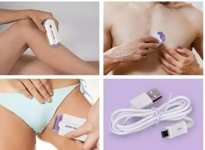 Collage of a device being used on skin, USB cable, and packaging on a purple background.