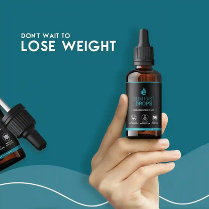Hand holding a bottle of 'Slim Fast Drops' with text 'Don't Wait to Lose Weight' on a teal background