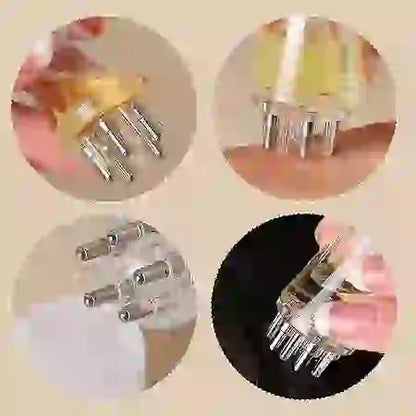 Close-up of clear plastic connectors with metal prongs on a beige background