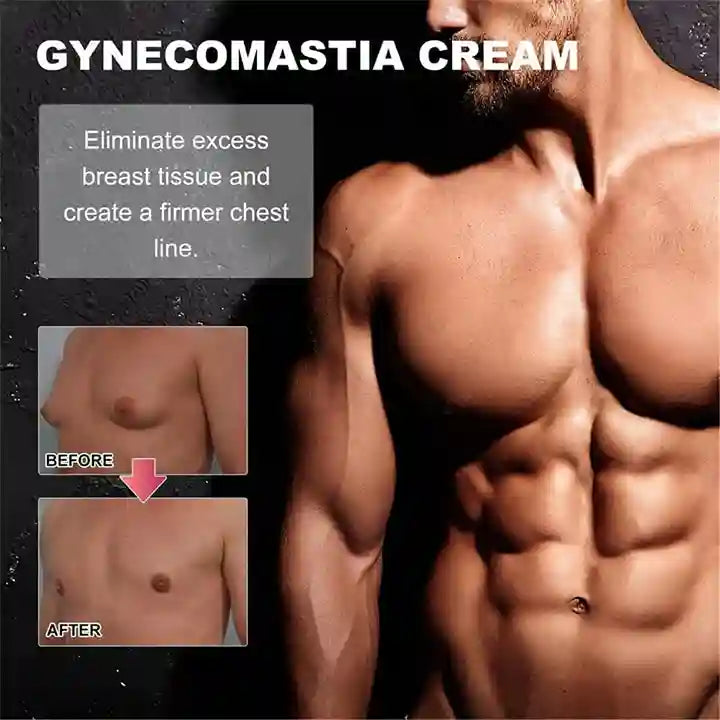 Advertisement for gynecomastia cream showing a before and after effect on chest tissue.