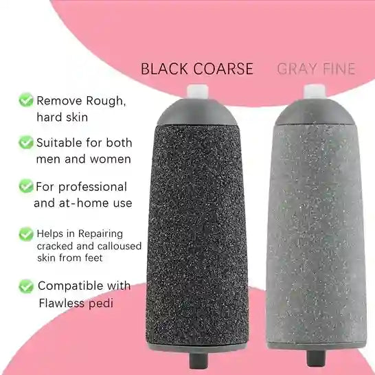 Two foot files, one black coarse and one gray fine, on a pink background with text describing their uses.