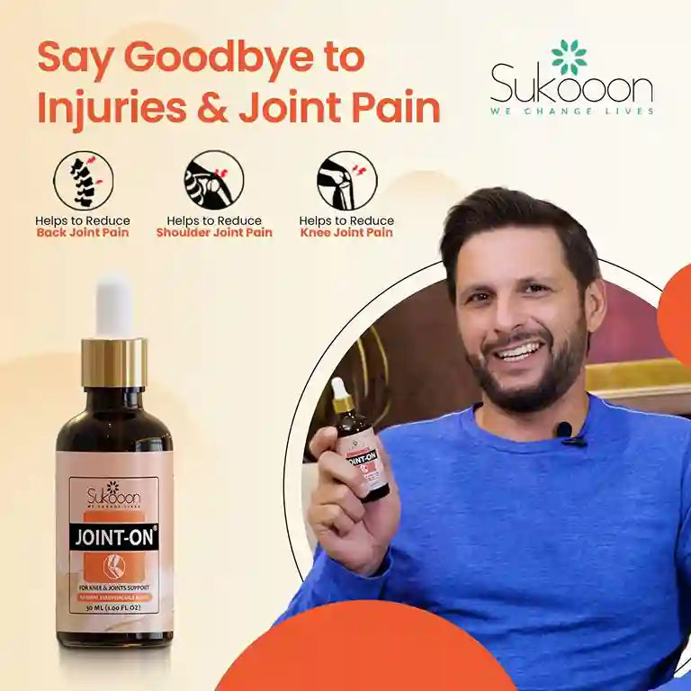 Man holding a bottle of Sukoon Joint-On product with text about joint pain relief on a beige background.