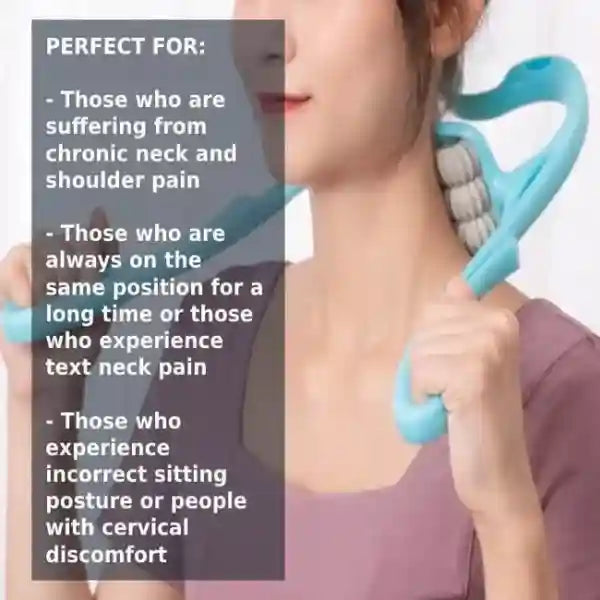 Person using a neck and shoulder massager with text highlighting its benefits.