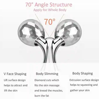 Massage tool with 70-degree angle structure for whole body use, featuring text on its benefits.