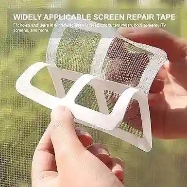 Screen repair tape being held by a hand with a green outdoor background