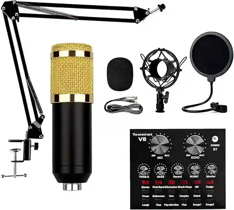Microphone setup with gold and black condenser microphone, boom arm, pop filter, and audio interface on a white background.
