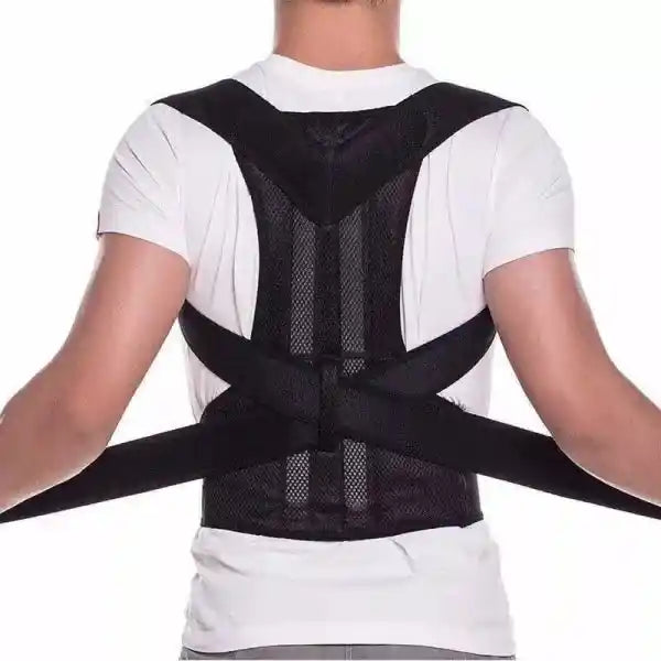 Person wearing a black posture corrector on a white background