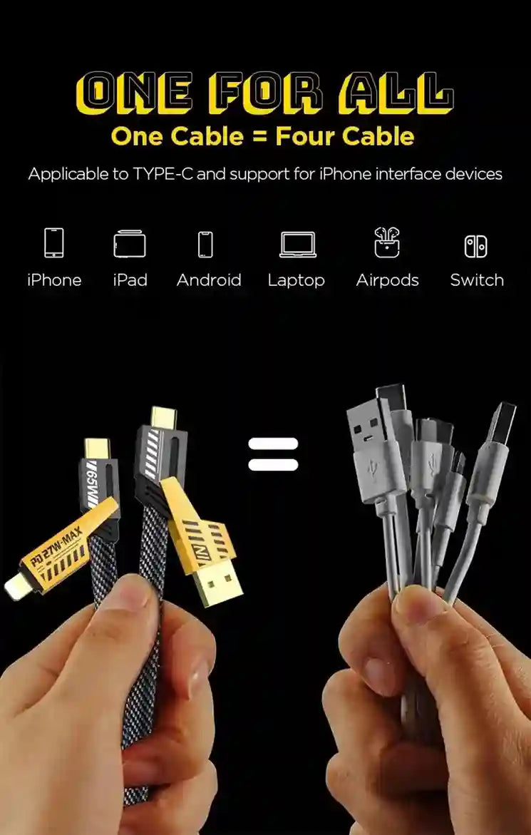 Two hands holding two different types of cables with text 'One for All' on a black background.