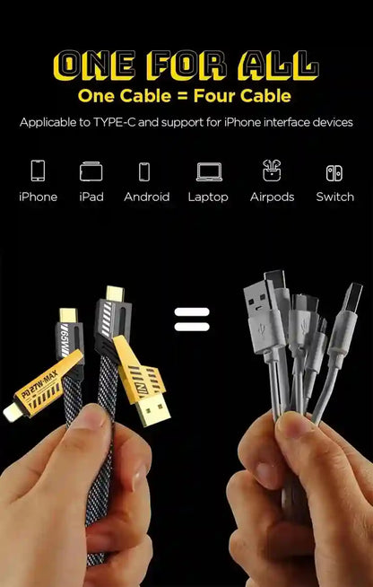 Two hands holding two different types of cables with text 'One for All' on a black background.