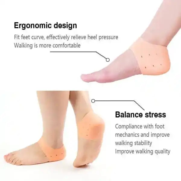 Ergonomic foot support device with text explaining its benefits on a white background