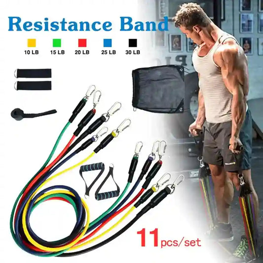 Resistance band set with colorful bands and a carrying case, featuring a man exercising in the background.