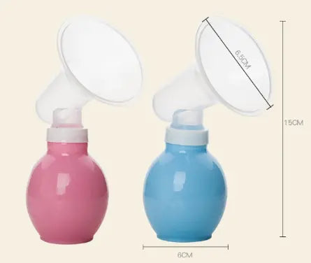 Pink and blue breast pumps with measurements on a beige background