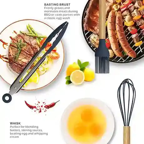 Set of kitchen utensils including a basting brush, whisk, and tongs with food items on a table.