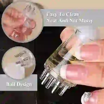 Clear nail drill bit with ball design, held by a hand, with close-up insets showing details.