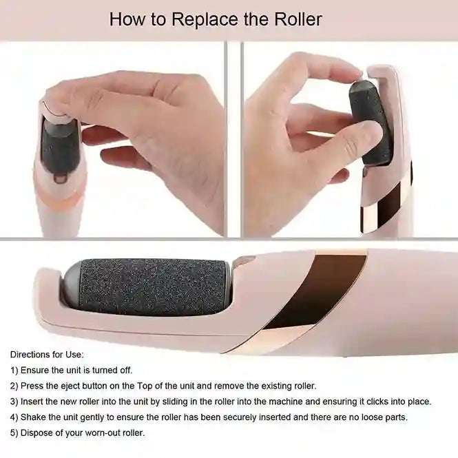 Instructions on how to replace a roller with close-up images of hands performing the action.