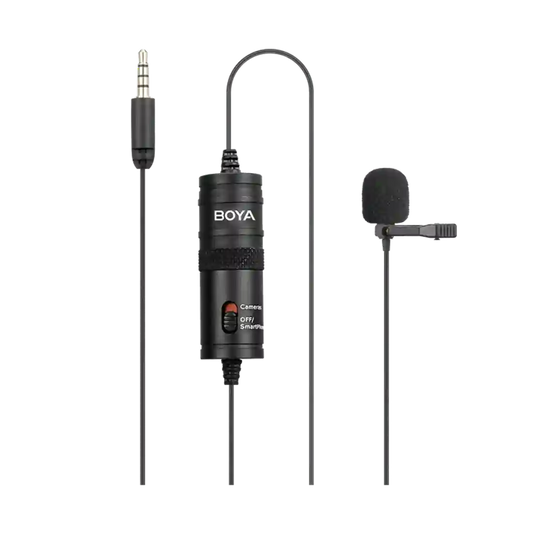 Boya BY-M1 lavalier microphone on a white background
