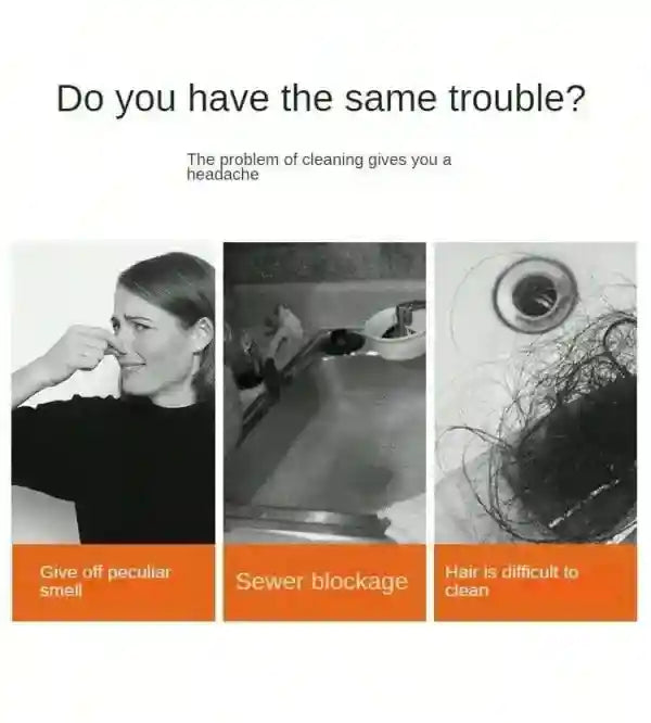 Advertisement showing a woman with a headache, a clogged sink, and hair in a drain, with text about cleaning issues.