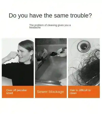 Advertisement showing a woman with a headache, a clogged sink, and hair in a drain, with text about cleaning issues.