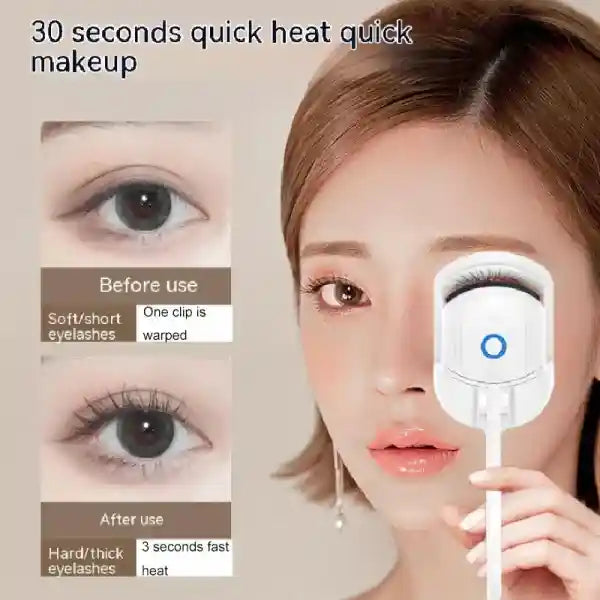 Woman using a device to straighten eyelashes with text indicating quick heat and makeup benefits.