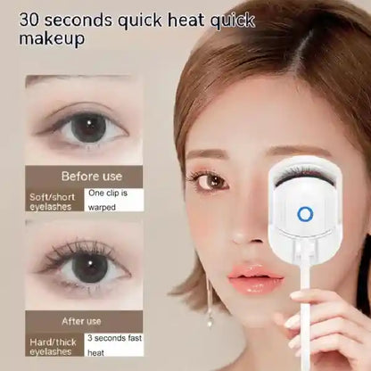 Woman using a device to straighten eyelashes with text indicating quick heat and makeup benefits.