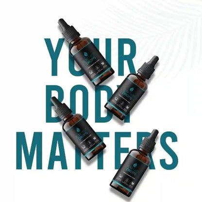 Four dropper bottles with a message 'Your Body Matters' on a light blue background