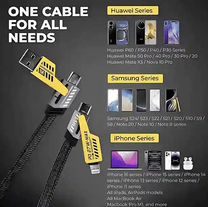 Multifunctional cable with compatibility for Huawei, Samsung, and iPhone devices on a dark background.