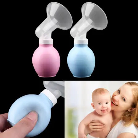 Two breast pumps in pink and blue with a woman holding a baby.