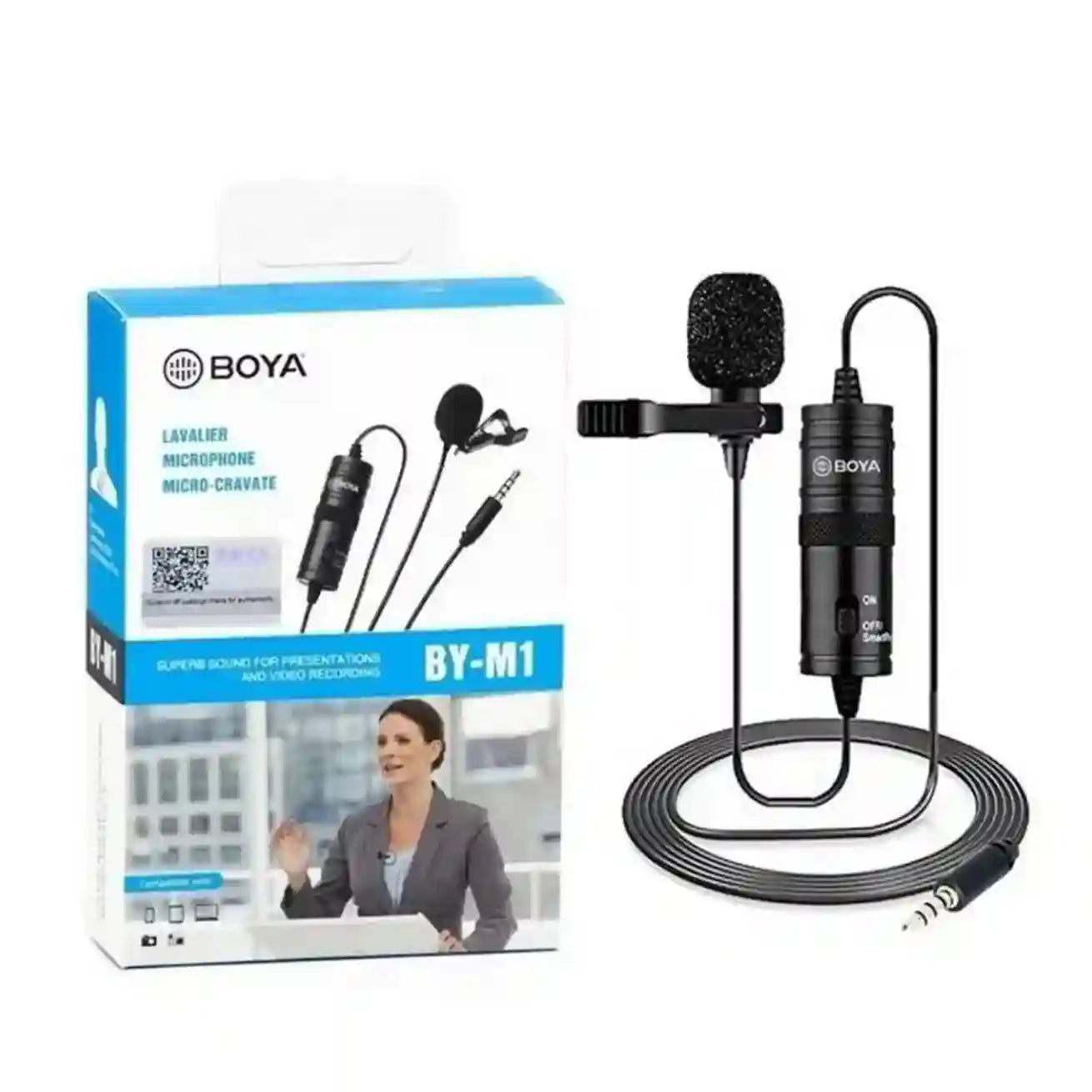 Boya BY-M1 lavalier microphone with packaging on a white background