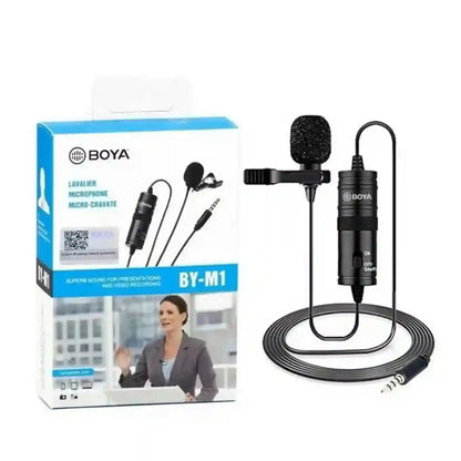 Boya BY-M1 lavalier microphone with packaging on a white background
