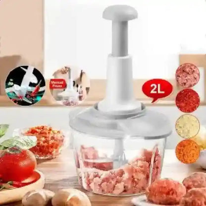 Manual meat grinder with ground meat and ingredients on a wooden board