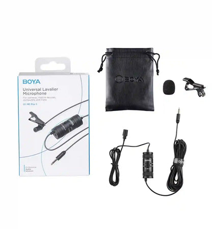 BOYA universal lavalier microphone set with packaging, microphone, clip, and cable on a white background.