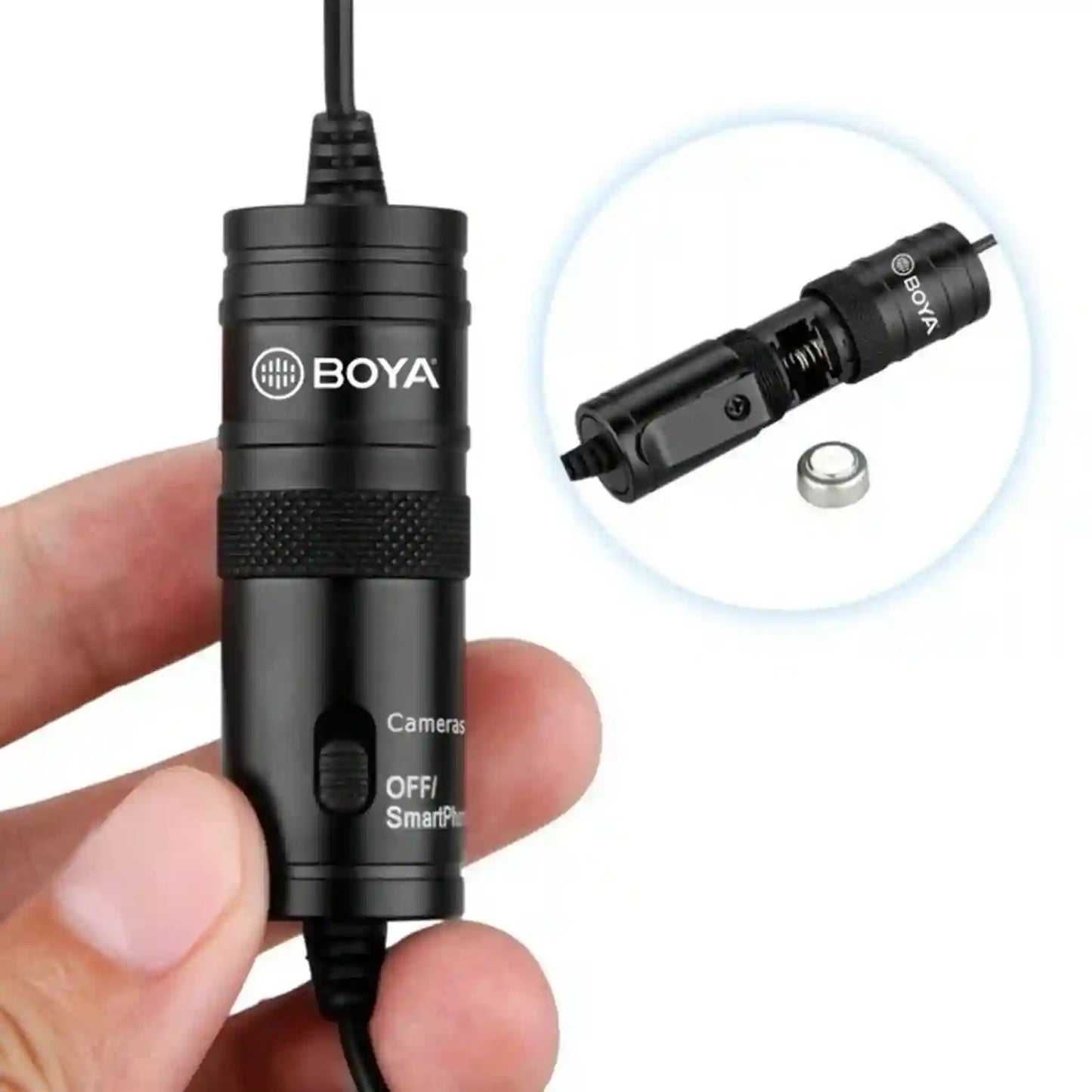 Black microphone with Boya logo held by a hand, with an inset showing a close-up of the microphone's connector.
