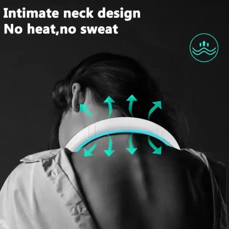 Person wearing a neck device with arrows indicating airflow on a black background