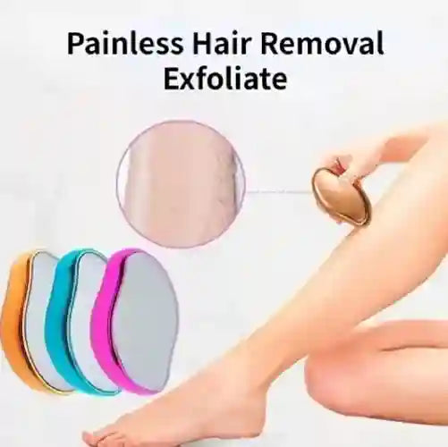 Painless hair removal device with a close-up of skin and a hand using the device on a white background.