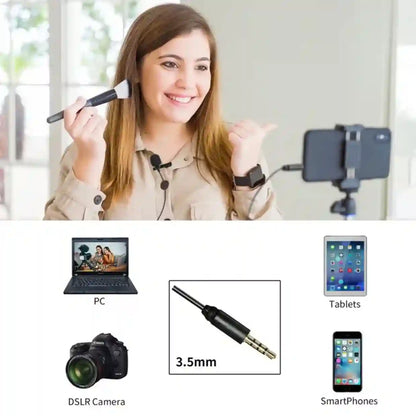 Woman holding a microphone with smartphone mount, surrounded by electronic devices on a white background.